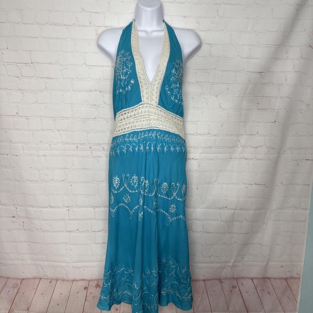 My Choice Dress Summer Halter Top Blue White Lace Embroidery XL KNEE LENGTH